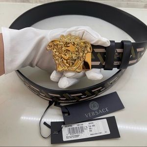 Versace Black and Khaki La Medusa La Greca Print Reversible Belt